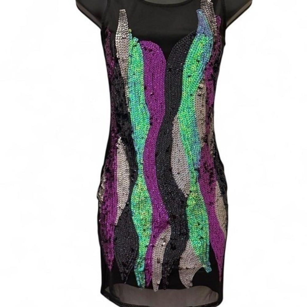 Lipsy London Sequin Mesh Cocktail Mini Dress Y2K Style Purple Neon Green